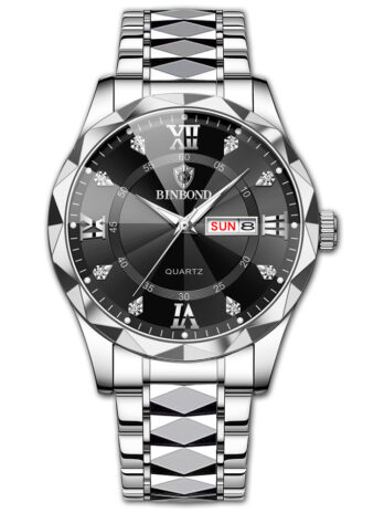 BINBOND Top Quality Business Class Crystal Diamond Watch (Silver-Black)