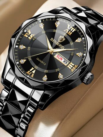 BINBOND Top Quality Business Class Crystal Diamond Watch (Black-Black)