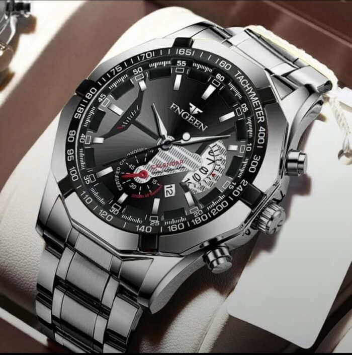 FNGEEN Silver Chain | Black Dial Men’s Watch – Classic Power, Redefined