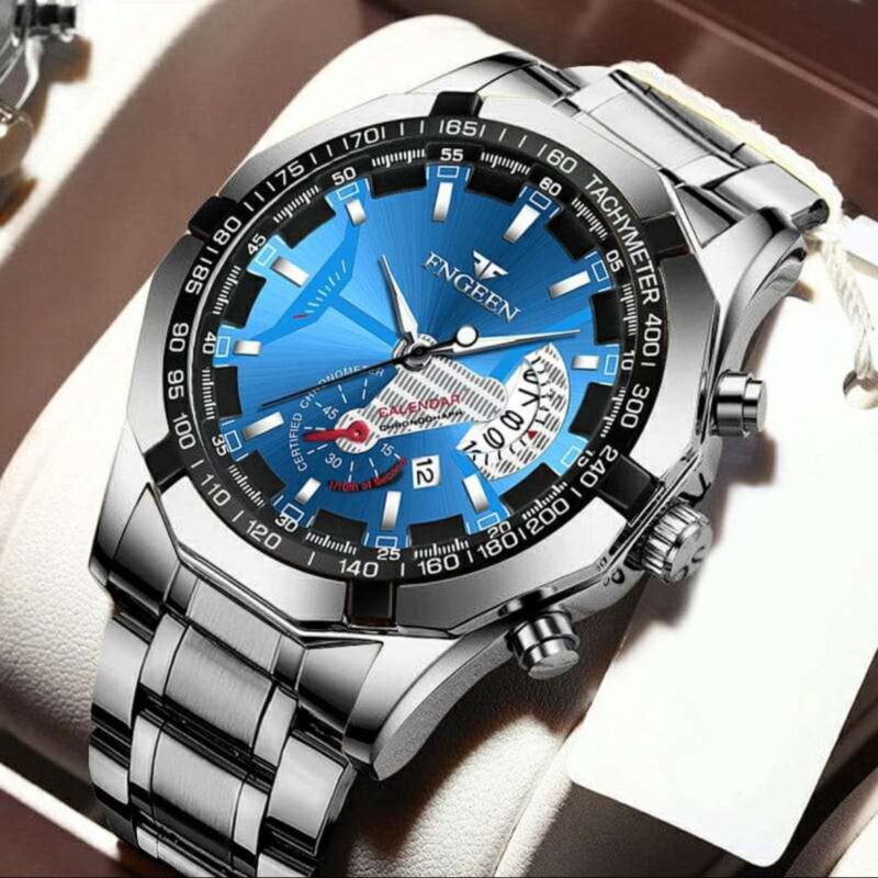 FNGEEN Silver Chain & Blue Dial Men’s Watch – Own the Look of Luxury