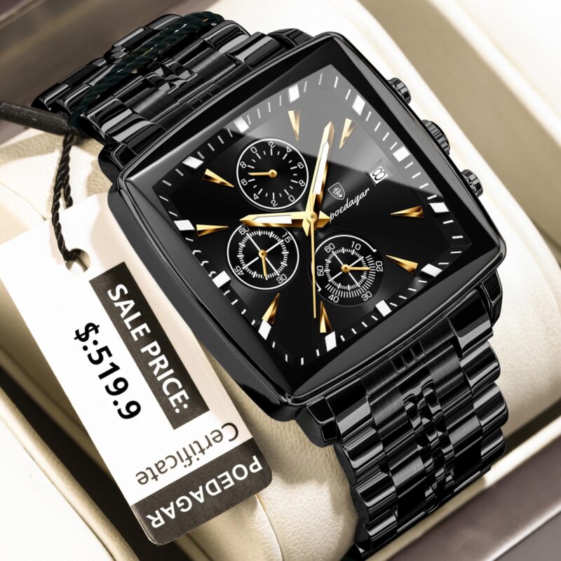 POEDAGAR 866-BK-BK Premium Square Chronograph Watch (Black Edition)