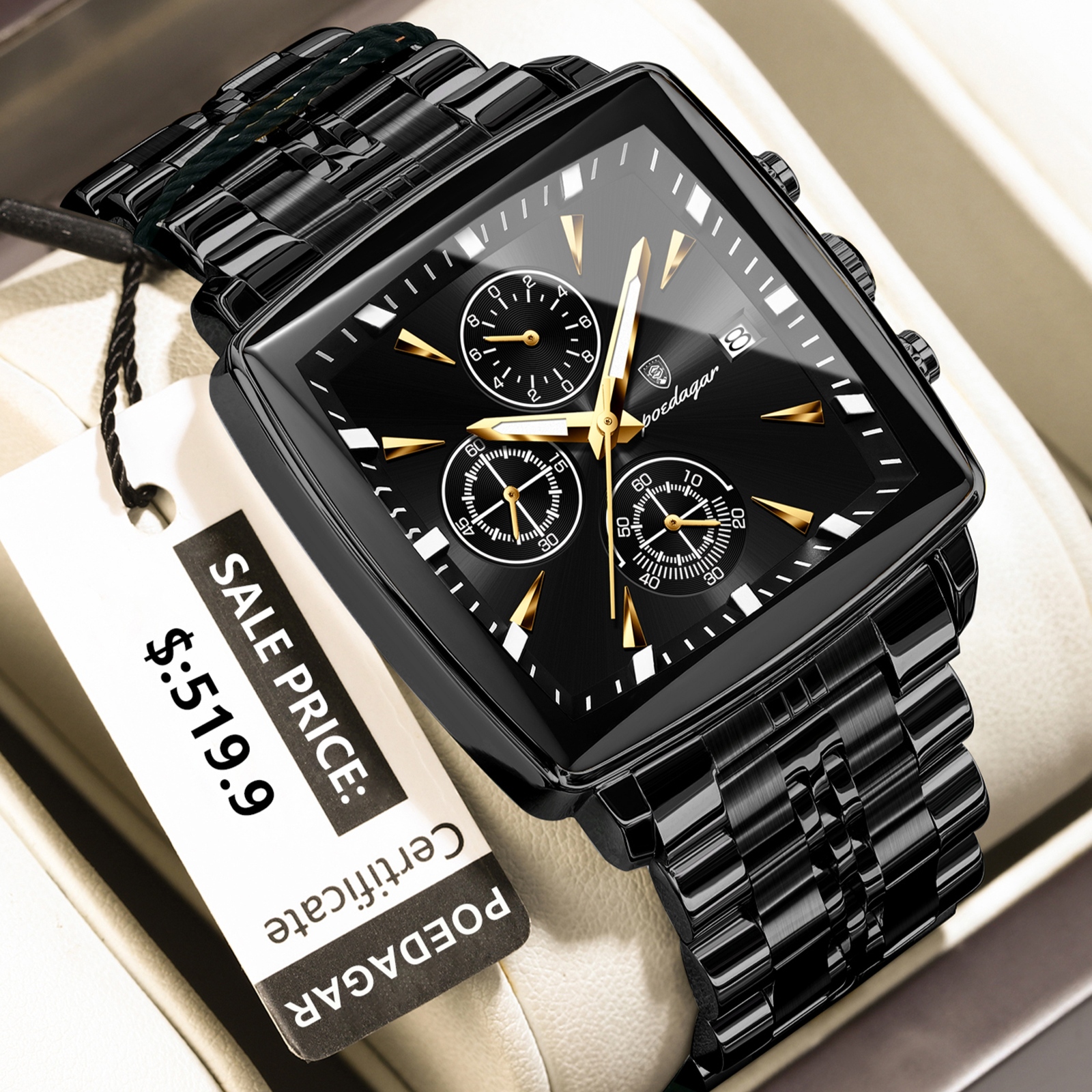 POEDAGAR 866-BK-BK Premium Square Chronograph Watch (Black Edition)