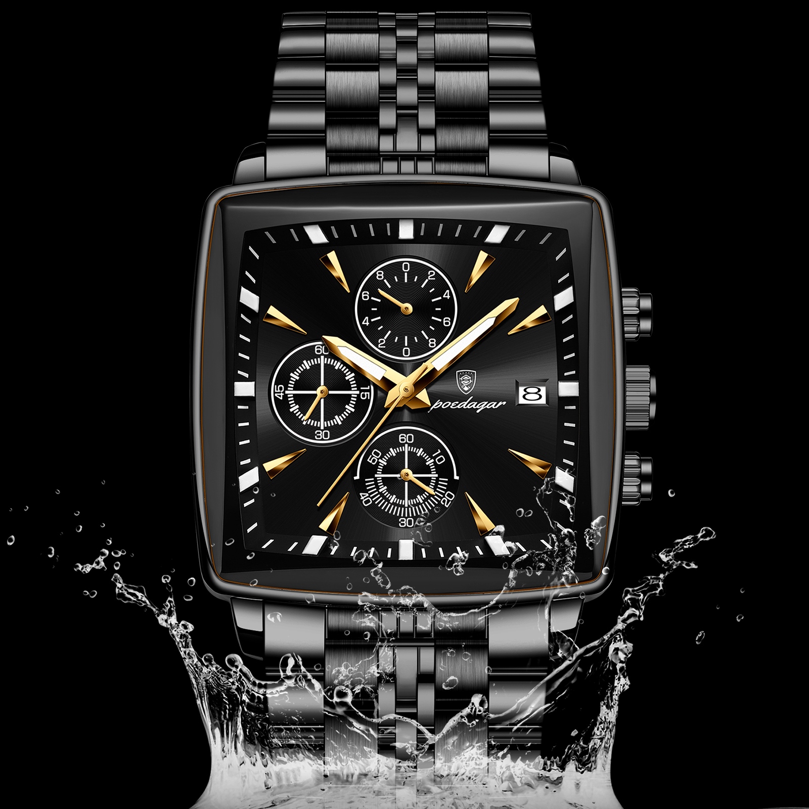 POEDAGAR 866-BK-BK Premium Square Chronograph Watch (Black Edition) - Image 2