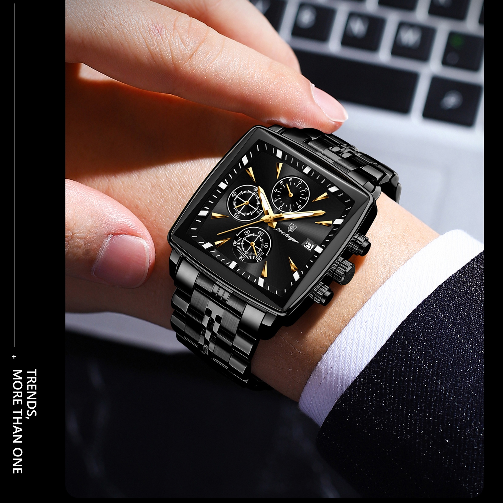 POEDAGAR 866-BK-BK Premium Square Chronograph Watch (Black Edition) - Image 4
