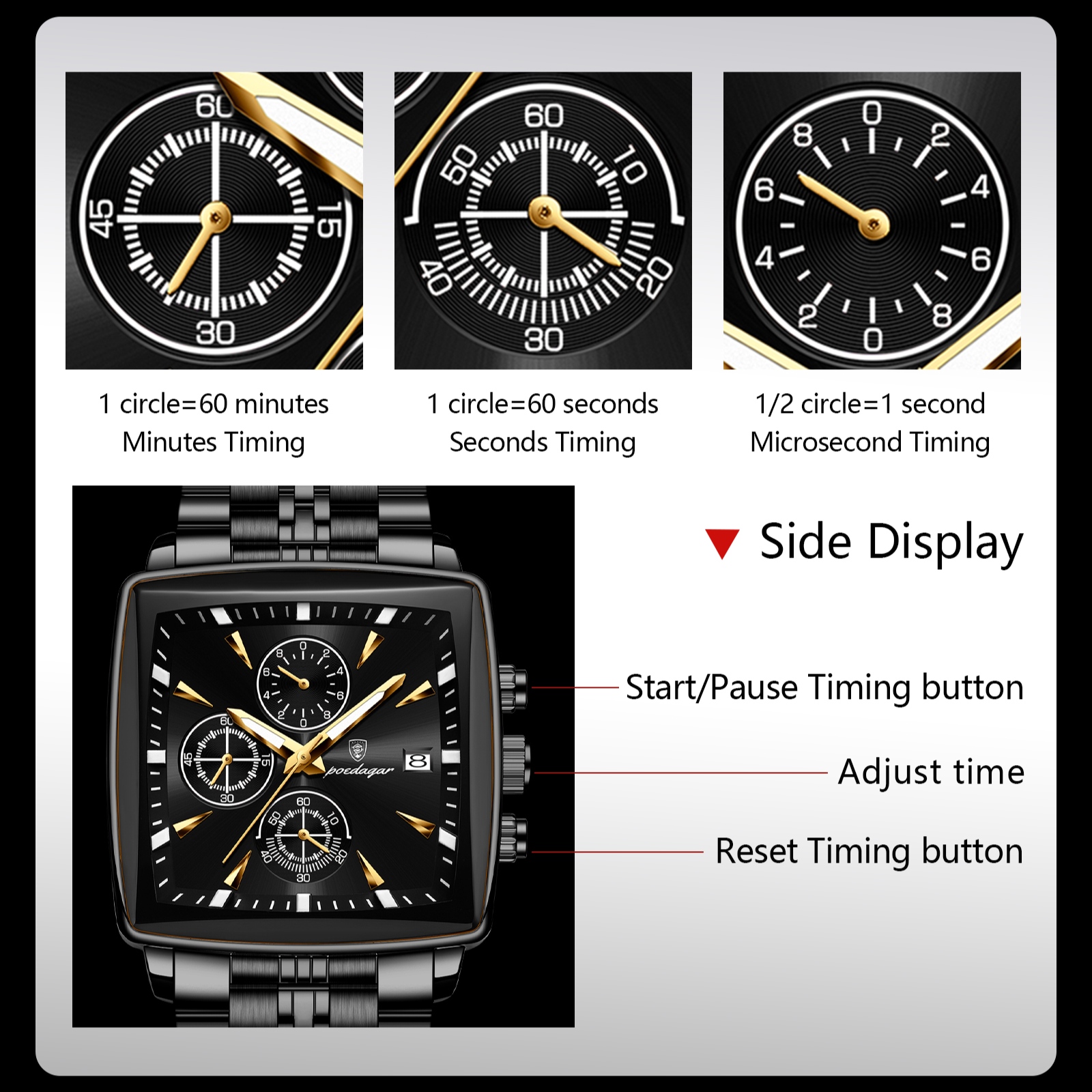 POEDAGAR 866-BK-BK Premium Square Chronograph Watch (Black Edition) - Image 3