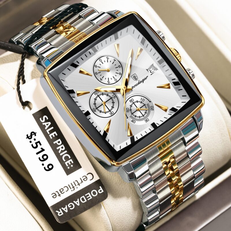 POEDAGAR 866-SS-SL Premium Square Chronograph Watch (Silver & Gold Edition)