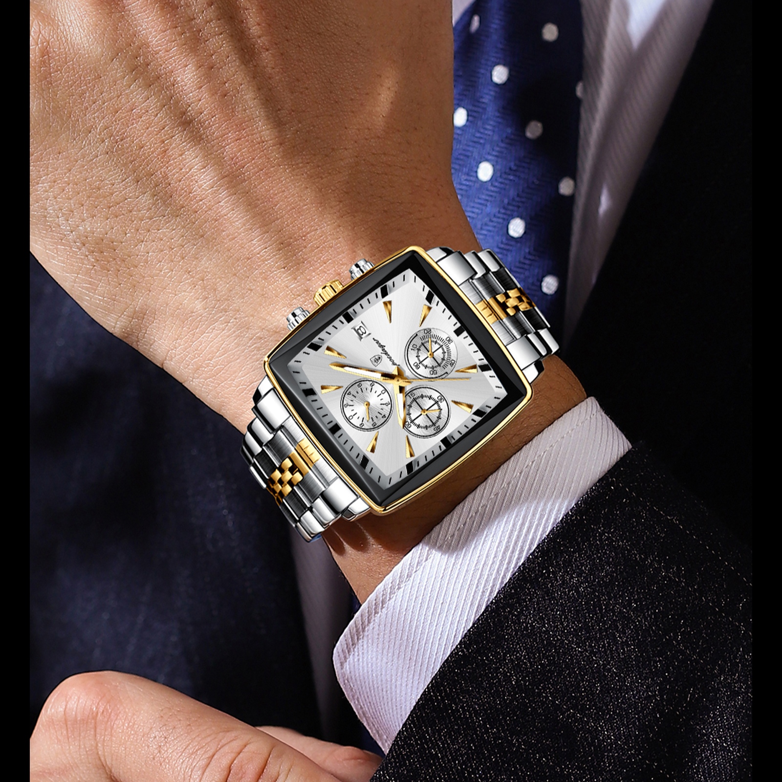 POEDAGAR 866-SS-SL Premium Square Chronograph Watch (Silver & Gold Edition) - Image 4