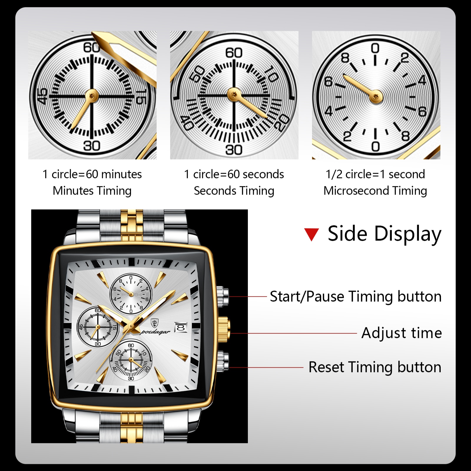 POEDAGAR 866-SS-SL Premium Square Chronograph Watch (Silver & Gold Edition) - Image 3
