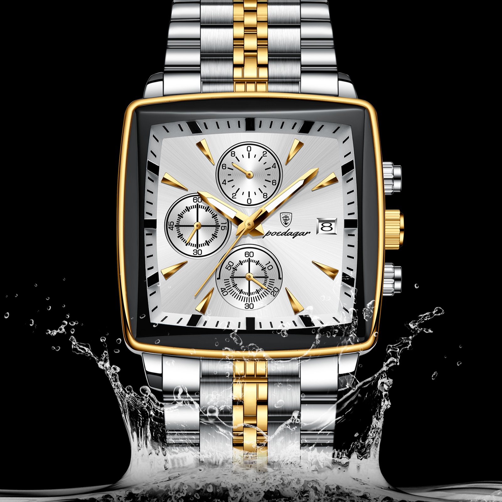 POEDAGAR 866-SS-SL Premium Square Chronograph Watch (Silver & Gold Edition) - Image 2