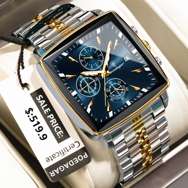 POEDAGAR 866-SS-BL Premium Square Chronograph Watch (Silver-Blue Edition)