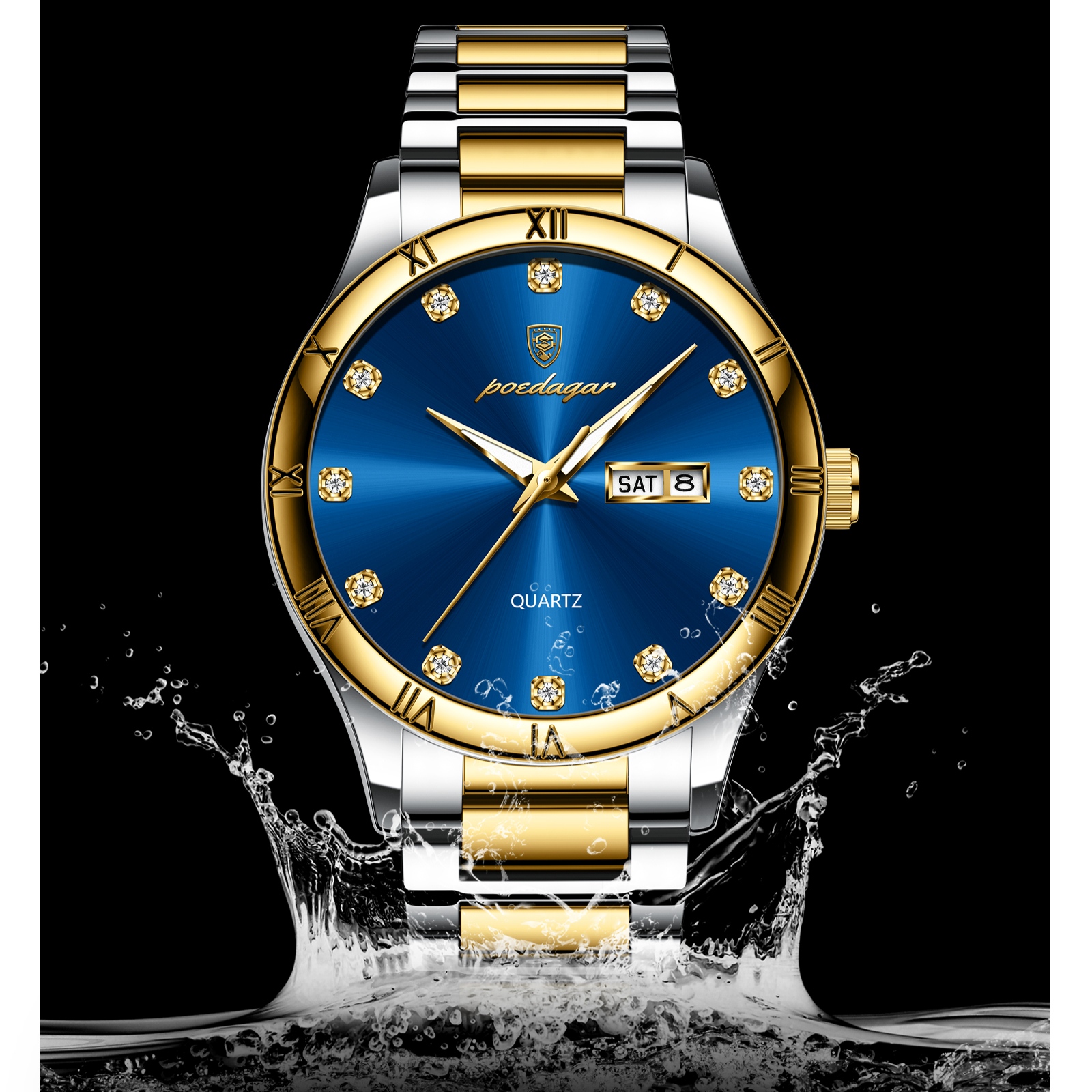 POEDAGAR 878-SS-BL Elegant Royal Day-Date Watch (Silver,Blue & Gold) - Image 2