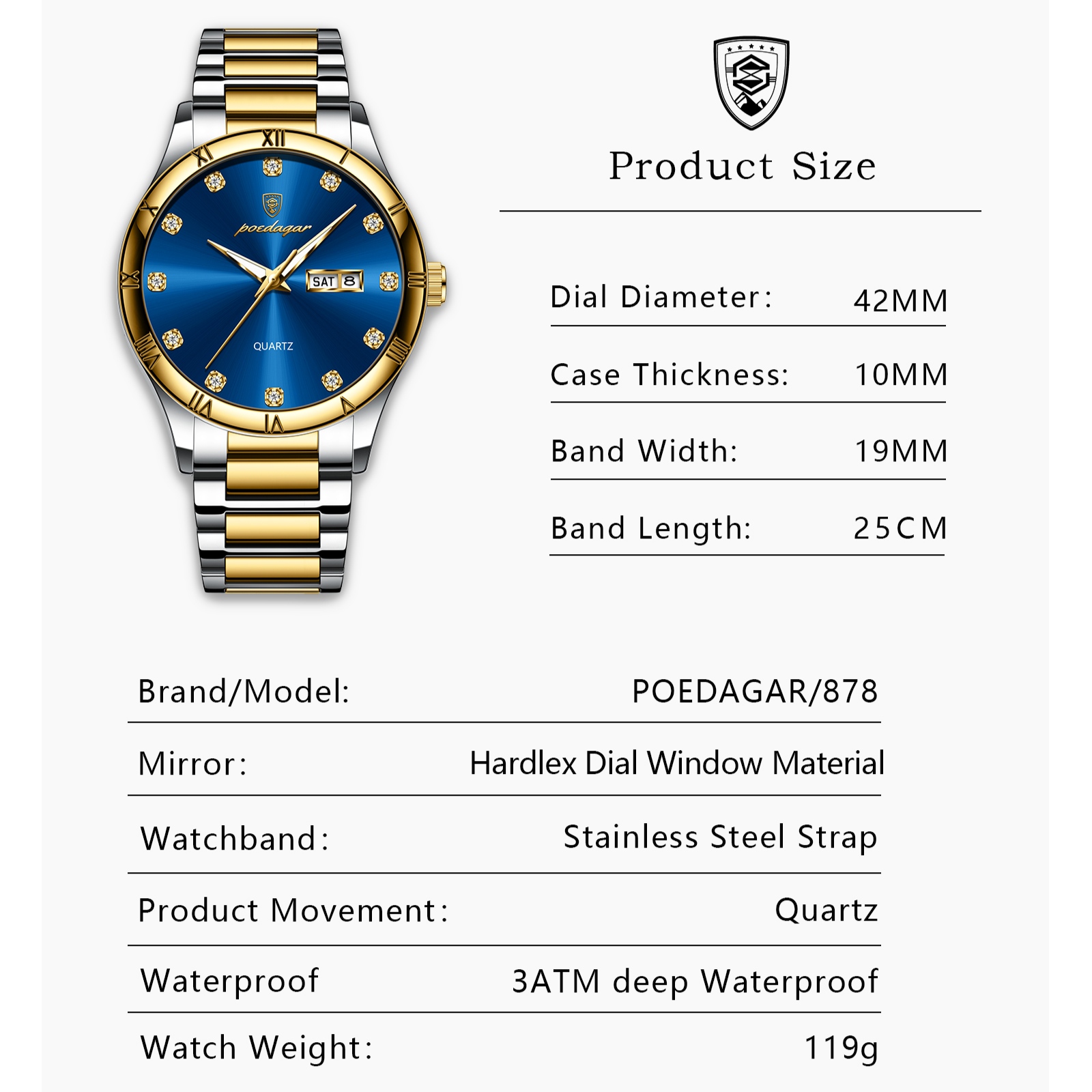POEDAGAR 878-SS-BL Elegant Royal Day-Date Watch (Silver,Blue & Gold) - Image 4