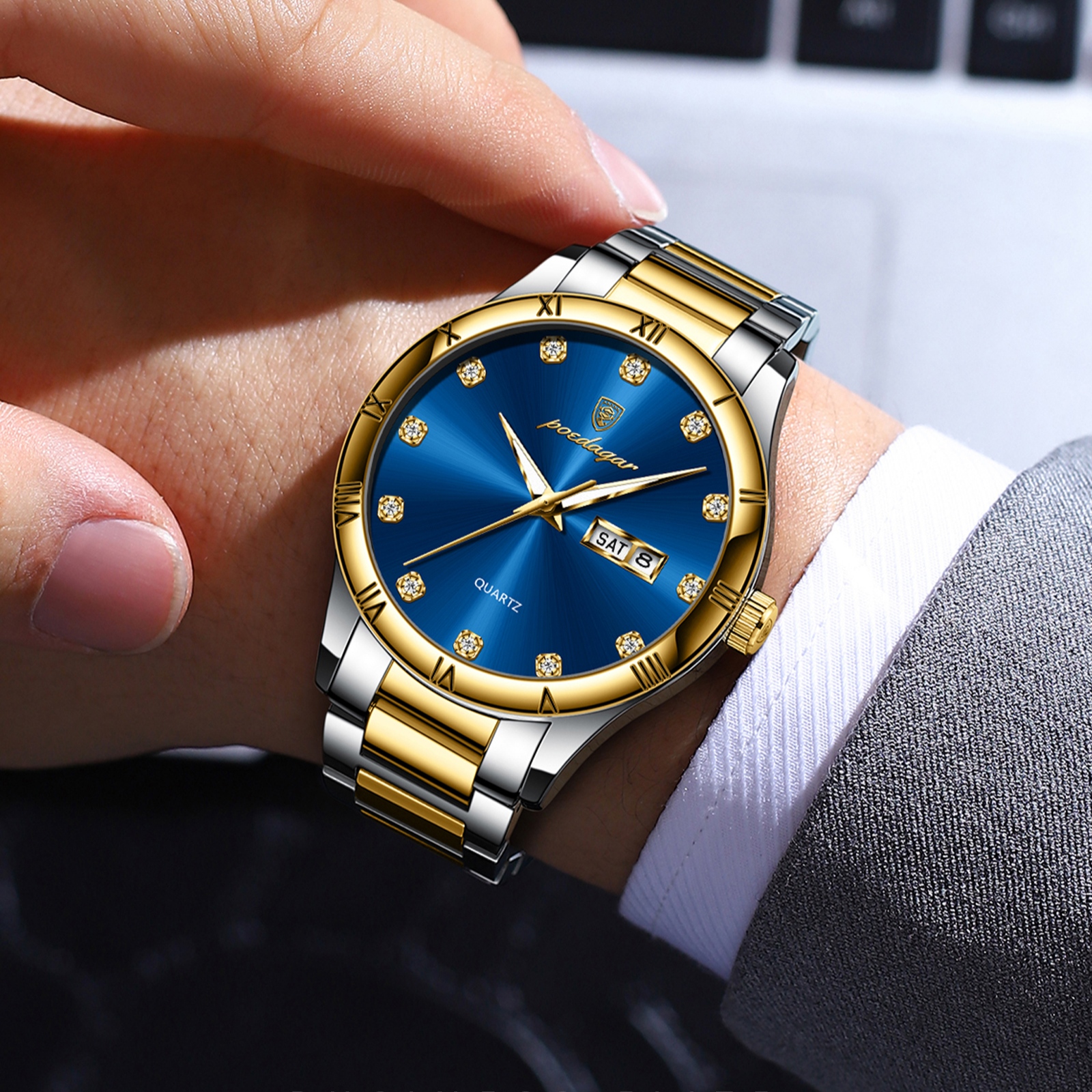 POEDAGAR 878-SS-BL Elegant Royal Day-Date Watch (Silver,Blue & Gold) - Image 3