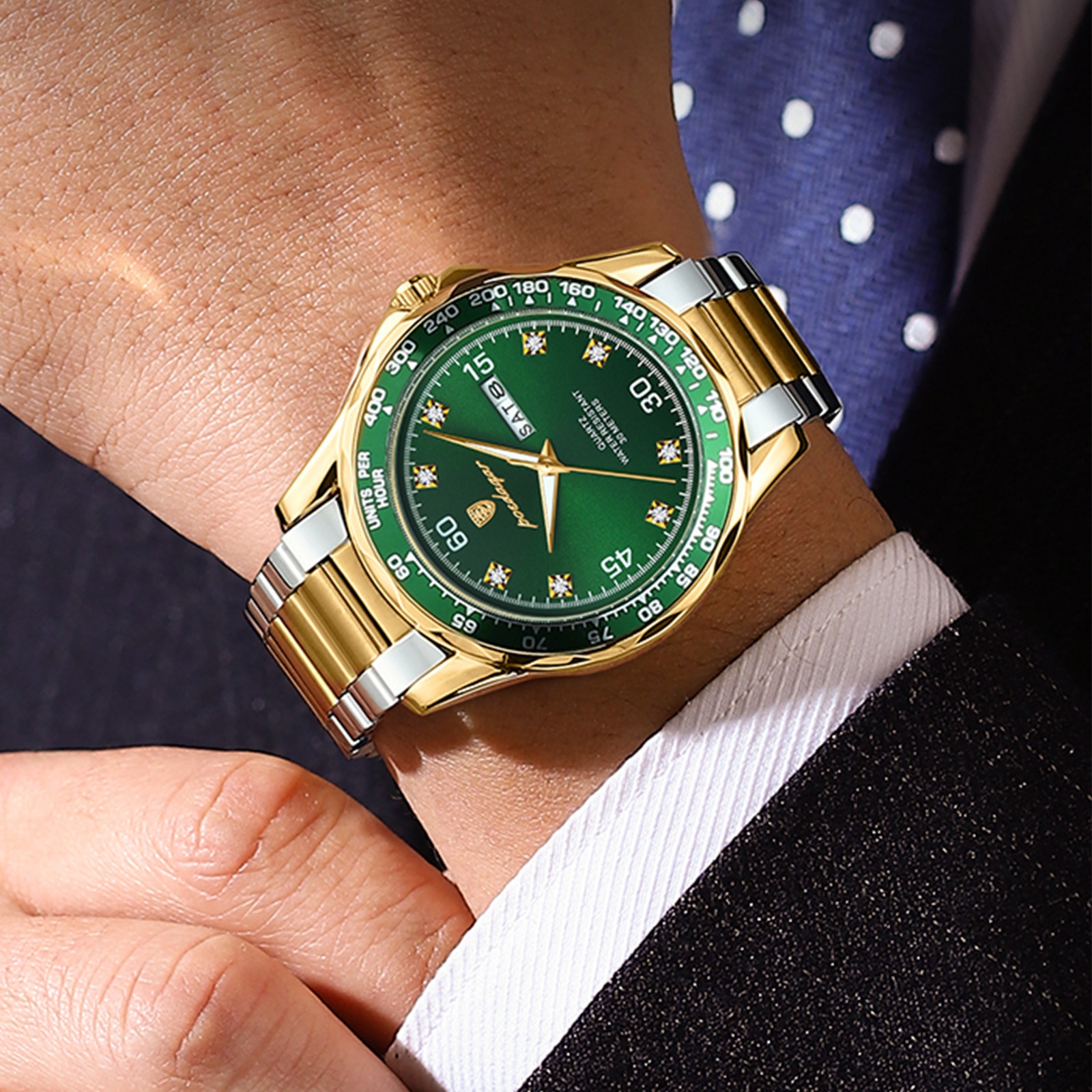 POEDAGAR 963-SS-GR Luxury Men's Watch - Royal Green Gold Edition - Image 3