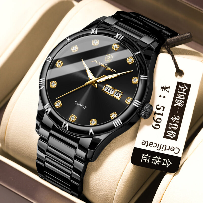 POEDAGAR 878-BK-BK Elegant Royal Day-Date Watch (Black Edition)