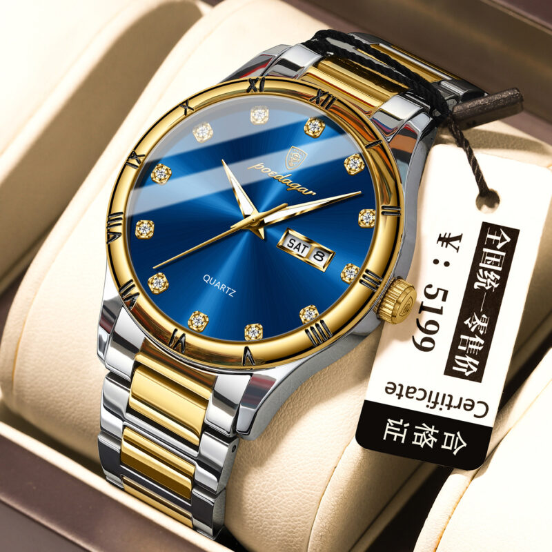 POEDAGAR 878-SS-BL Elegant Royal Day-Date Watch (Silver,Blue & Gold)