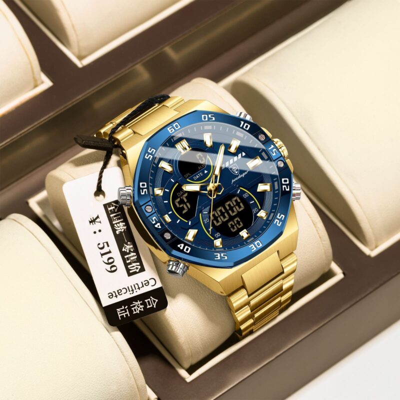 POEDAGAR E101-GD-BL Sports Analog-Digital Dual Display Watch (Full Gold & Blue Bezel)