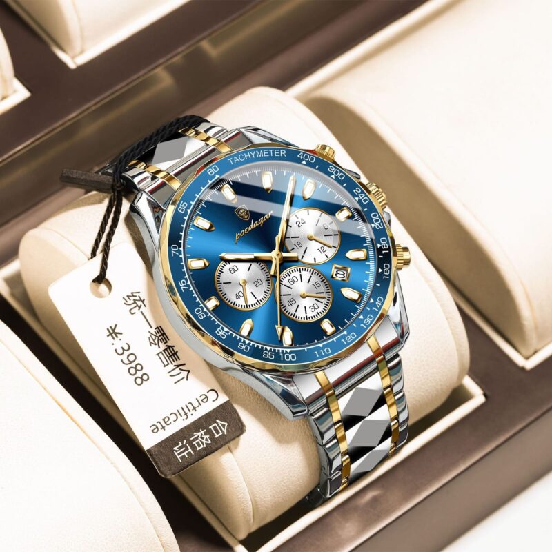 POEDAGAR 815-SS-BL Luxury Chronograph Men's Watch (Silver & Blue Dial)