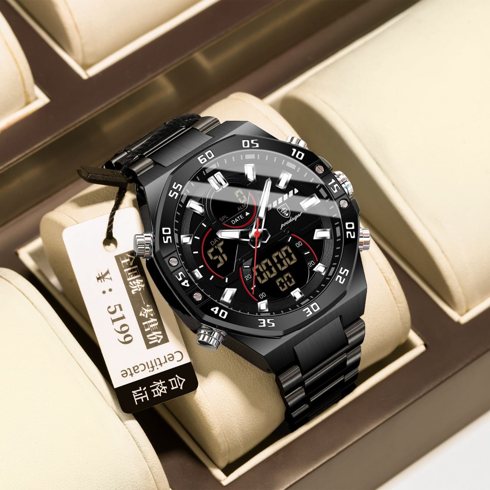 POEDAGAR E101-BK-BK Sports Analog-Digital Dual Display Watch (Full Black Bezel)