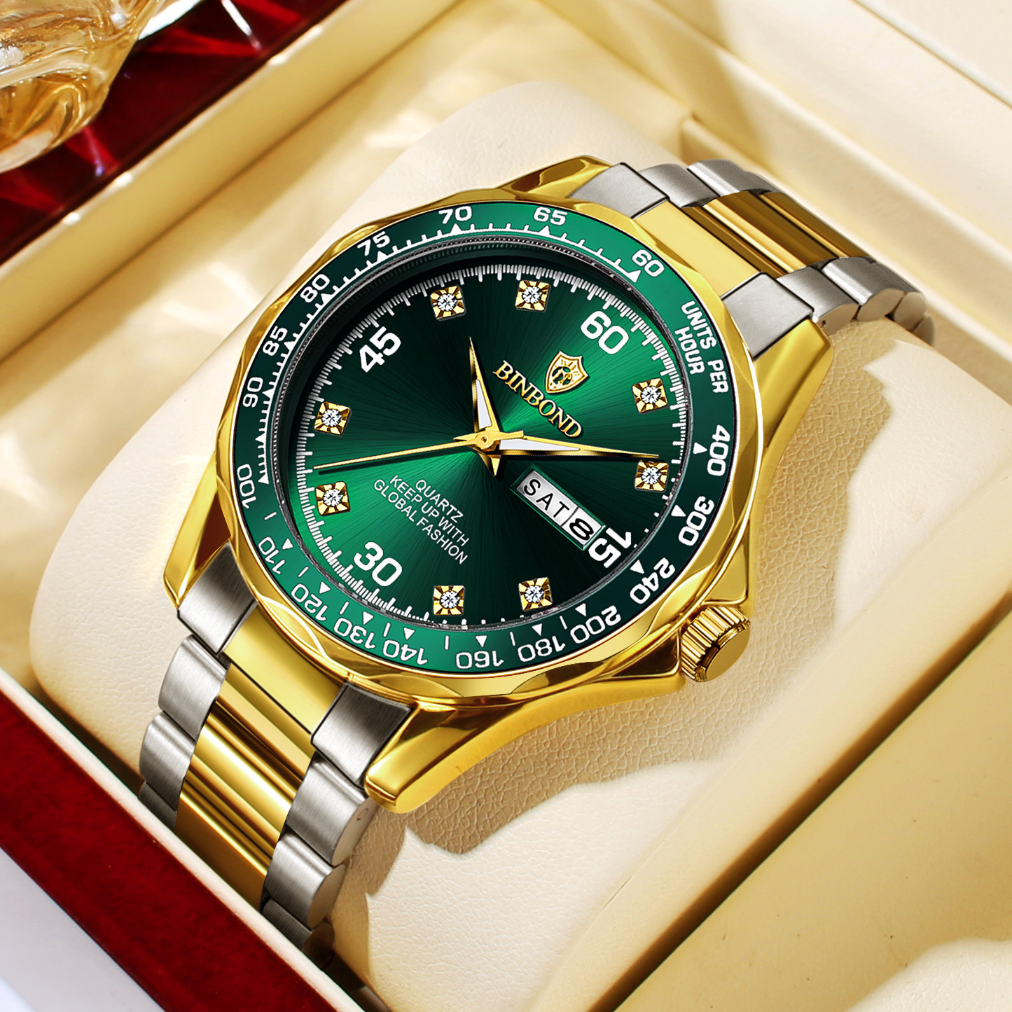 POEDAGAR 963-SS-GR Luxury Men's Watch - Royal Green Gold Edition